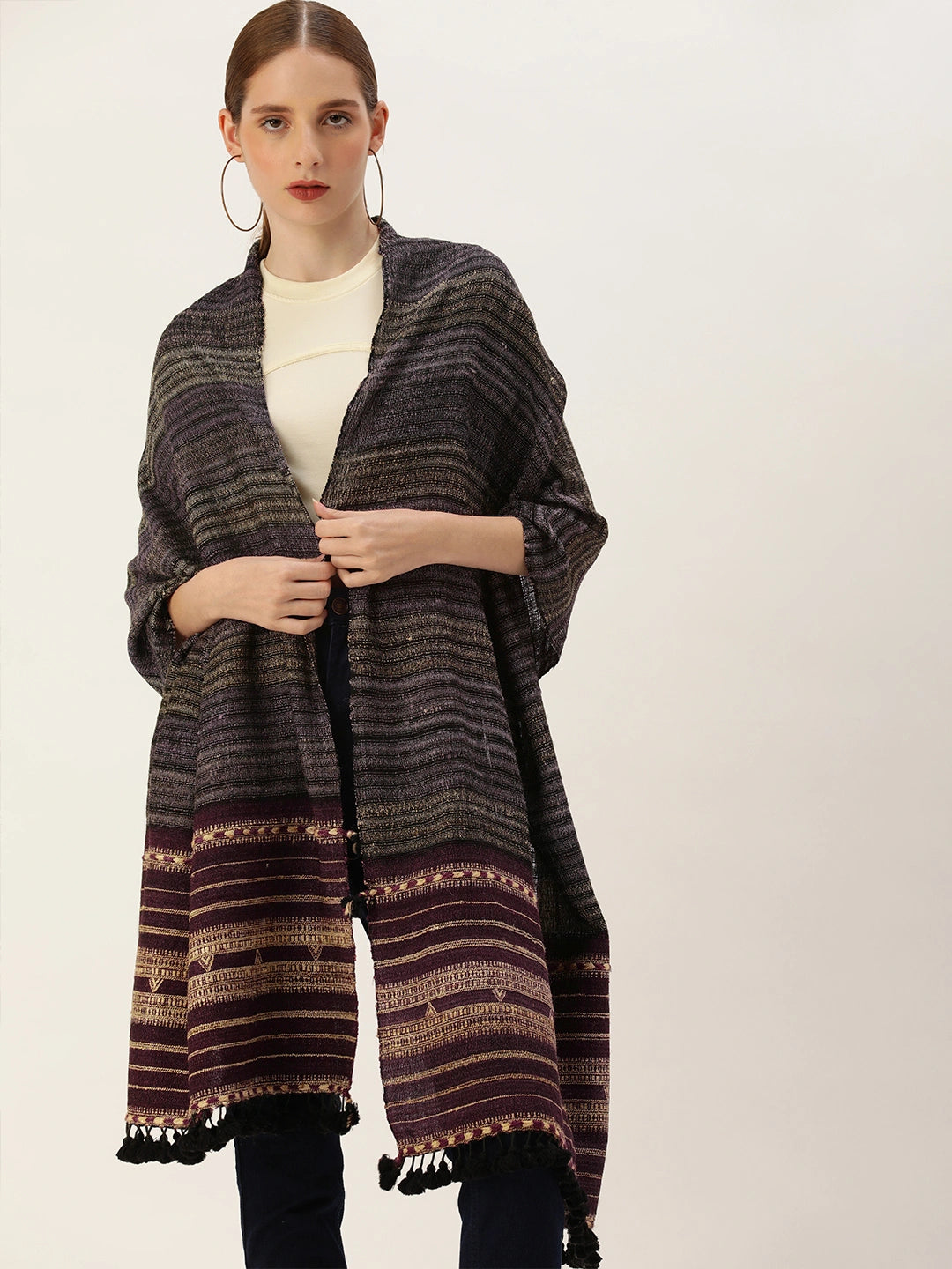 ASVA Handwoven Violet Silk Wool Scarf with Beige Stripes and Tassels