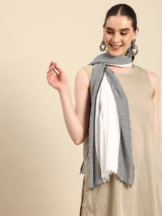 Handwoven White Cotton Scarf with Black Stripes on Both Sides