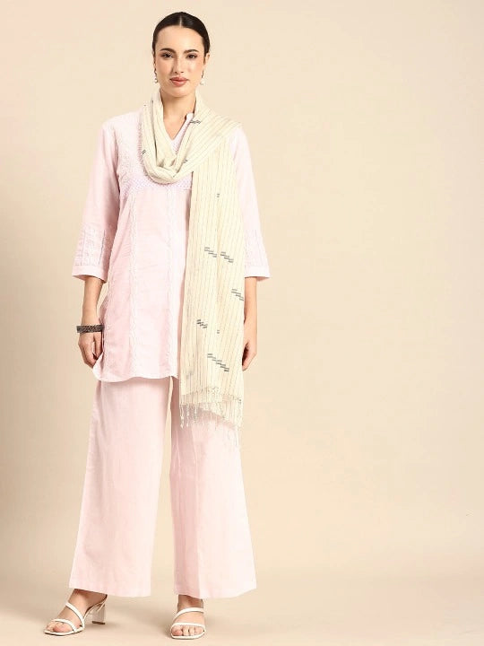 Handwoven White Cotton Scarf with Green thick & thin stripes Allover