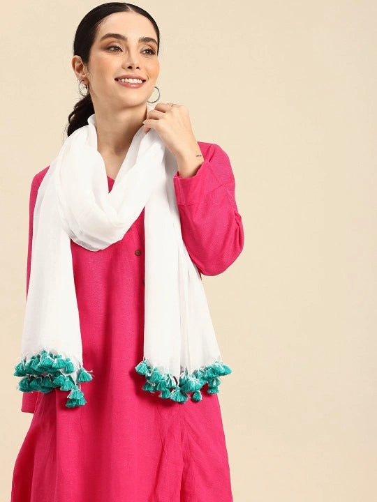 Handwoven White Cotton Scarf with Navy Blue Stripes & Cream Jamdani Butti Design