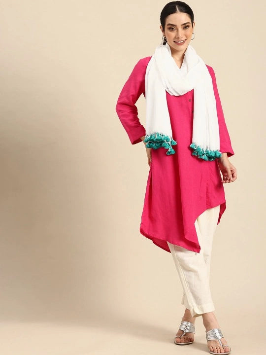 Handwoven White Cotton Scarf with Navy Blue Stripes & Cream Jamdani Butti Design