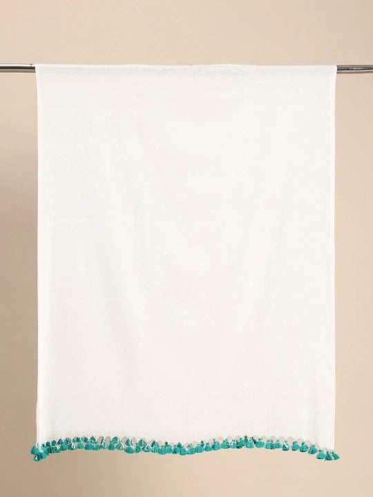 Handwoven White Cotton Scarf with Navy Blue Stripes & Cream Jamdani Butti Design