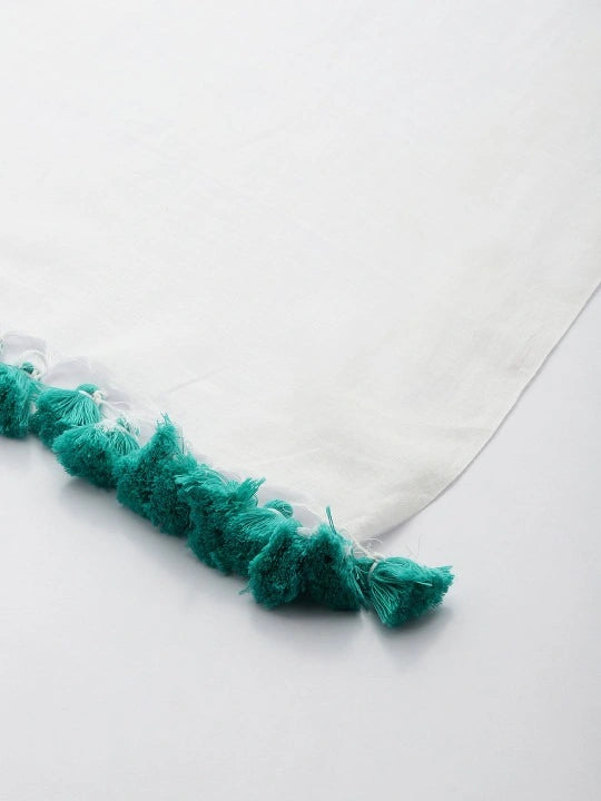 Handwoven White Cotton Scarf with Navy Blue Stripes & Cream Jamdani Butti Design