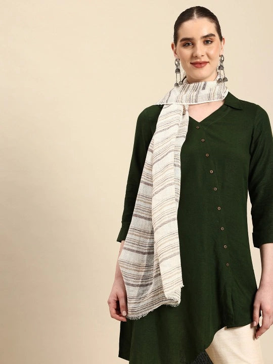 Handwoven White Linen Scarf with Beige and Brown Stripes Allover