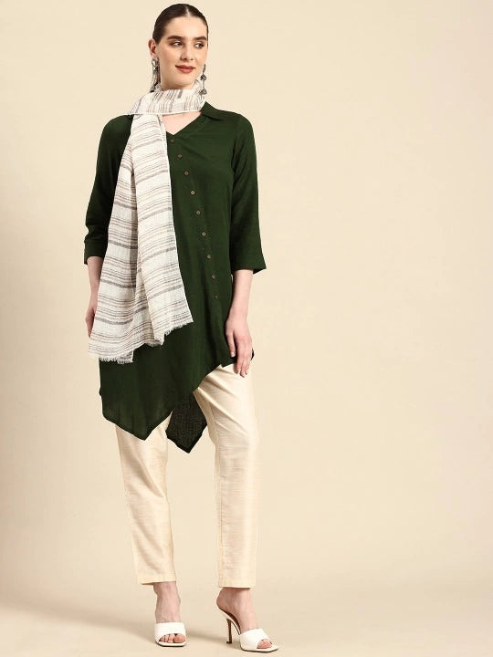 Handwoven White Linen Scarf with Beige and Brown Stripes Allover