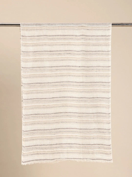 Handwoven White Linen Scarf with Beige and Brown Stripes Allover