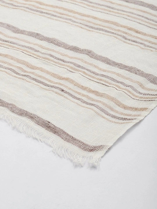 Handwoven White Linen Scarf with Beige and Brown Stripes Allover