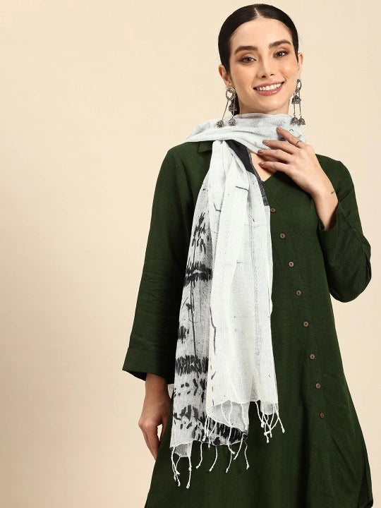 Handwoven White Linen Scarf with Black Abstract Digital Print
