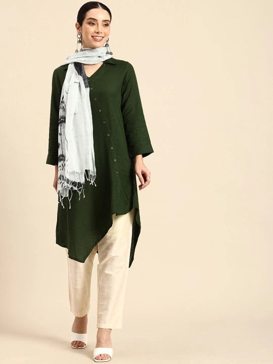 Handwoven White Linen Scarf with Black Abstract Digital Print