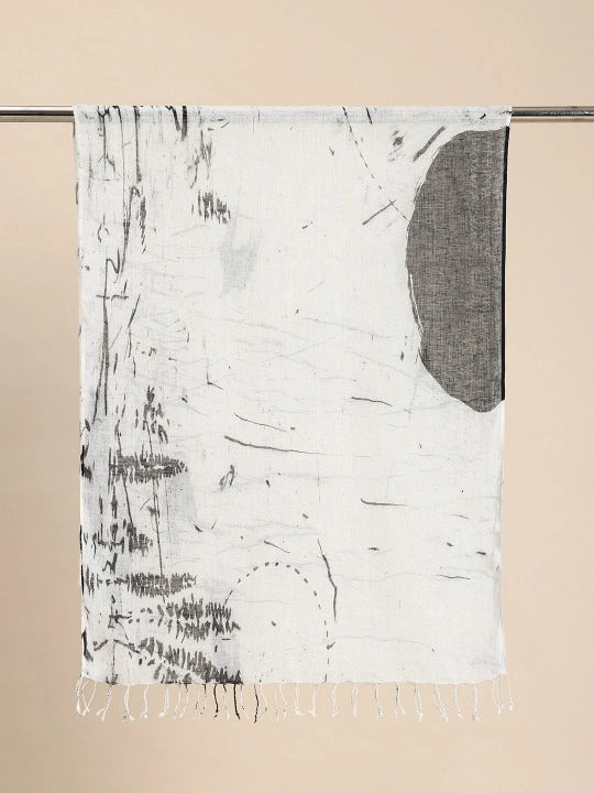 Handwoven White Linen Scarf with Black Abstract Digital Print