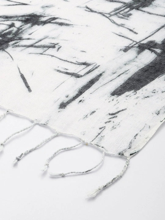 Handwoven White Linen Scarf with Black Abstract Digital Print