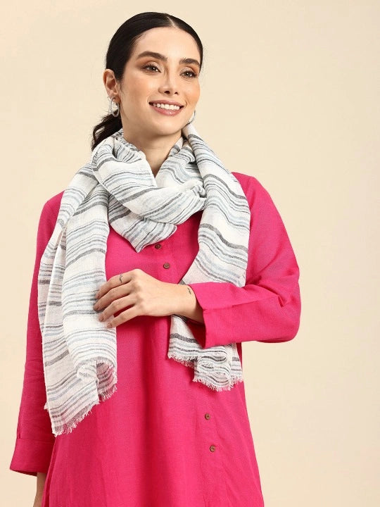 Handwoven White Linen Scarf with Blue and Grey Stripes Allover