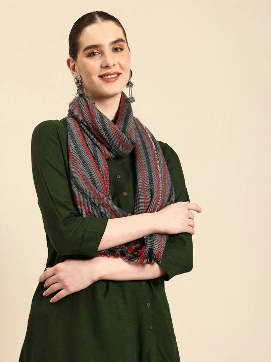 Pure Wool Black, Grey & Red Striped Scarf