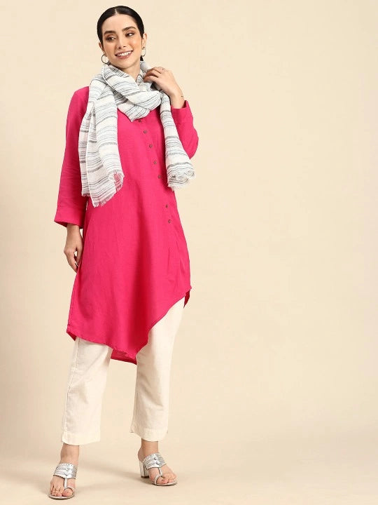 Handwoven White Linen Scarf with Blue and Grey Stripes Allover