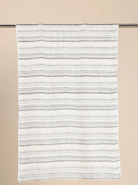 Handwoven White Linen Scarf with Blue and Grey Stripes Allover