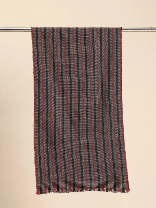 Pure Wool Black, Grey & Red Striped Scarf
