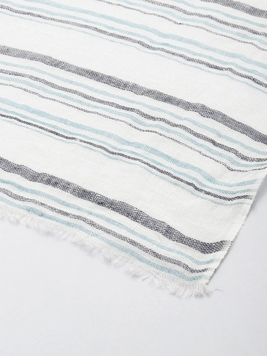 Handwoven White Linen Scarf with Blue and Grey Stripes Allover