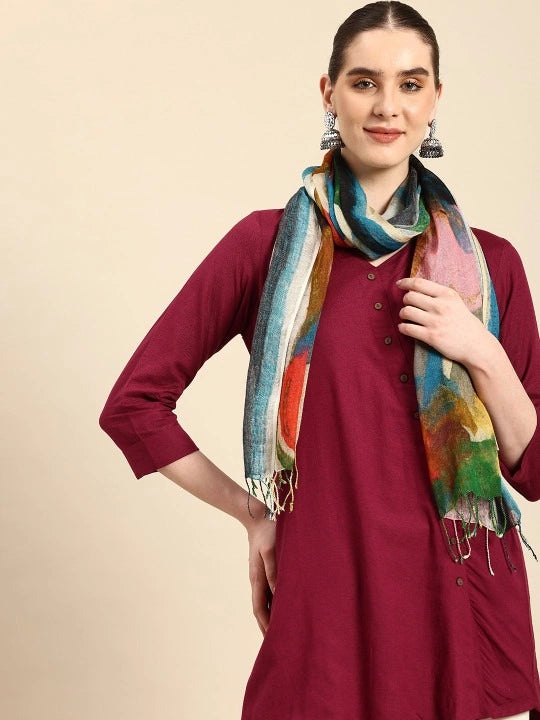 Handwoven White Linen Scarf with Multicolor Digital Print