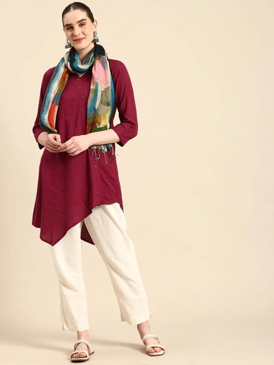 Handwoven White Linen Scarf with Multicolor Digital Print