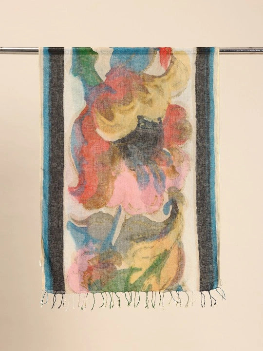 Handwoven White Linen Scarf with Multicolor Digital Print