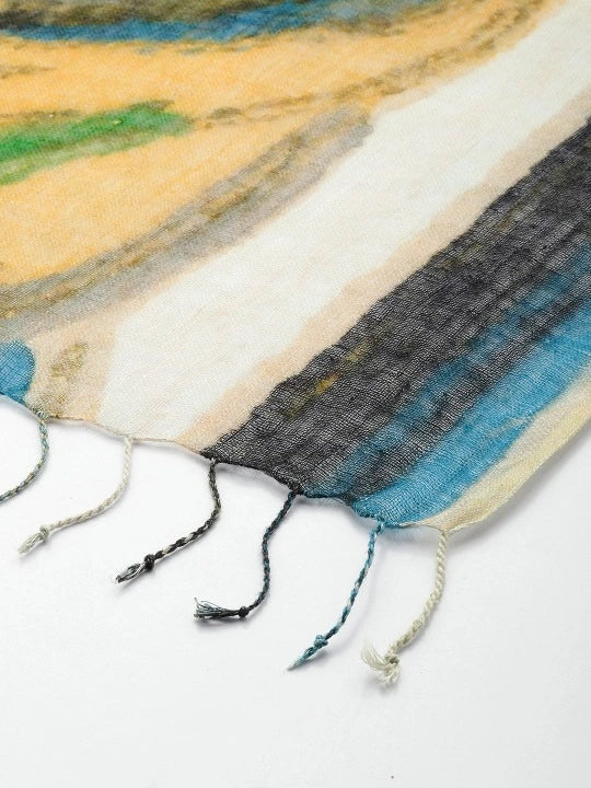 Handwoven White Linen Scarf with Multicolor Digital Print