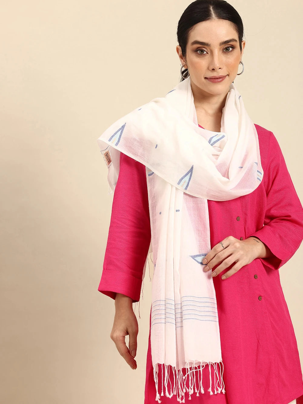 Handwoven White Organic Cotton Scarf with Blue and Gold Jamdani Woven