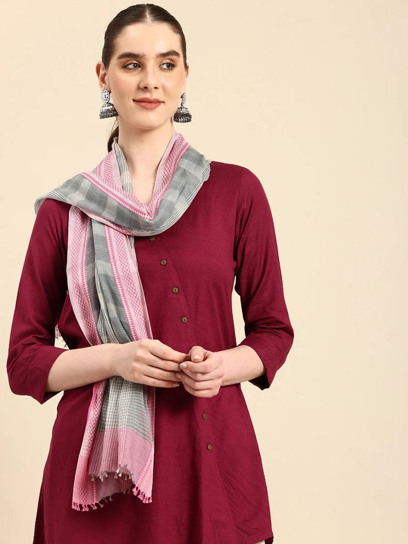 Handwoven White and Grey Checked Cotton Scarf with Pink Jacquard Selvedge