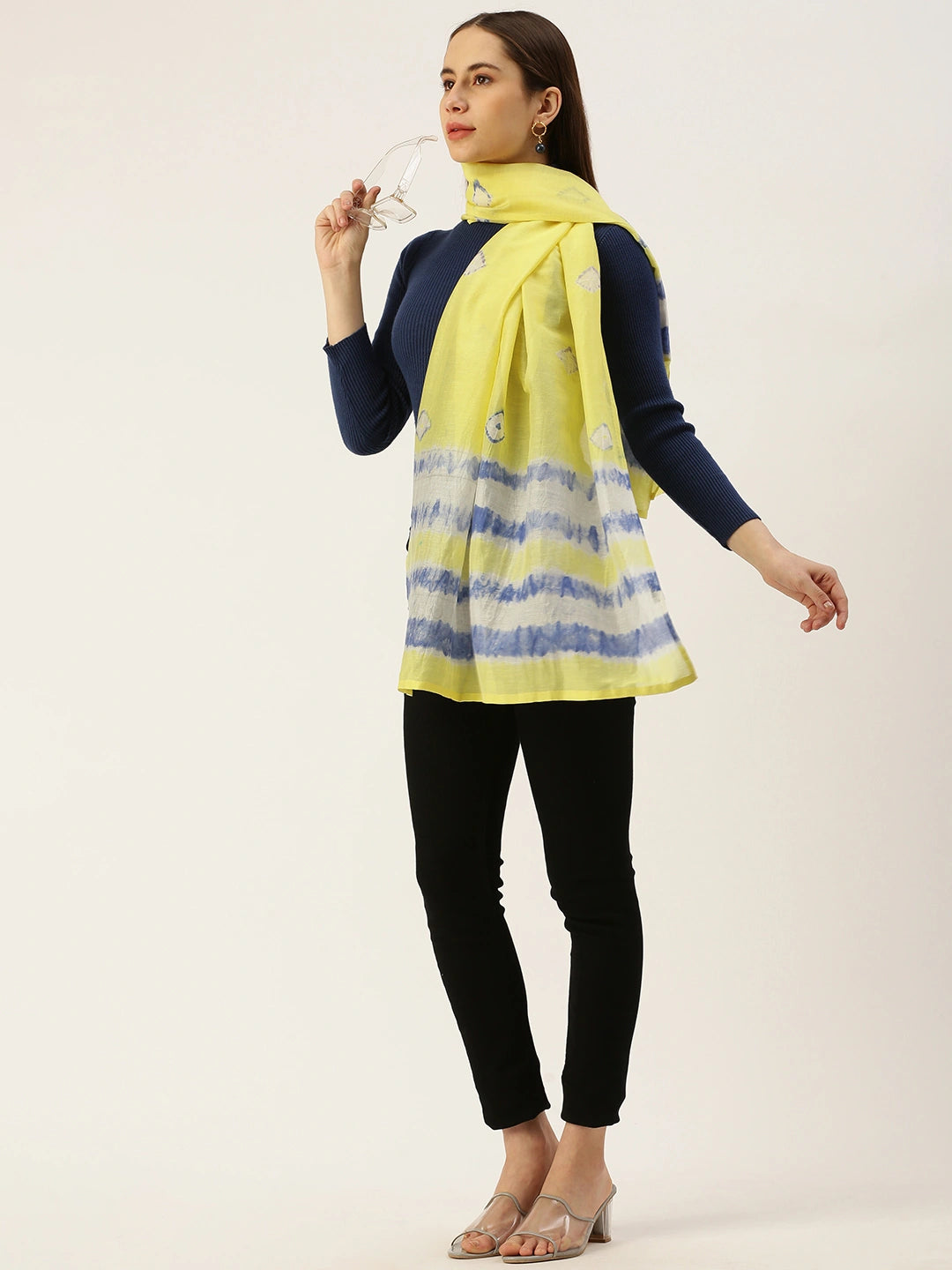 ASVA Handwoven Yellow Chanderi Silk Scarf with Blue Tie & Dye Motif