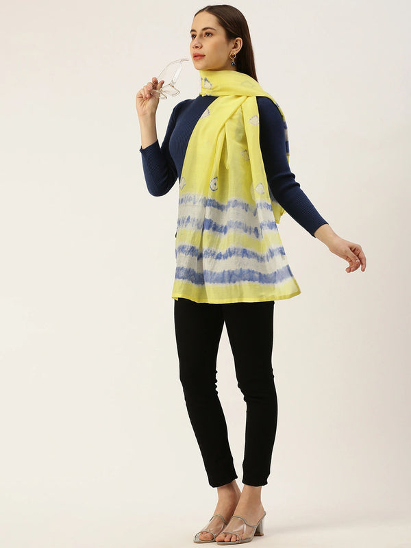 Handwoven Yellow Chanderi Silk Scarf with Blue Tie & Dye Motif