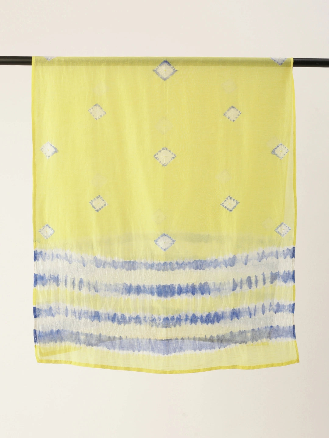 ASVA Handwoven Yellow Chanderi Silk Scarf with Blue Tie & Dye Motif