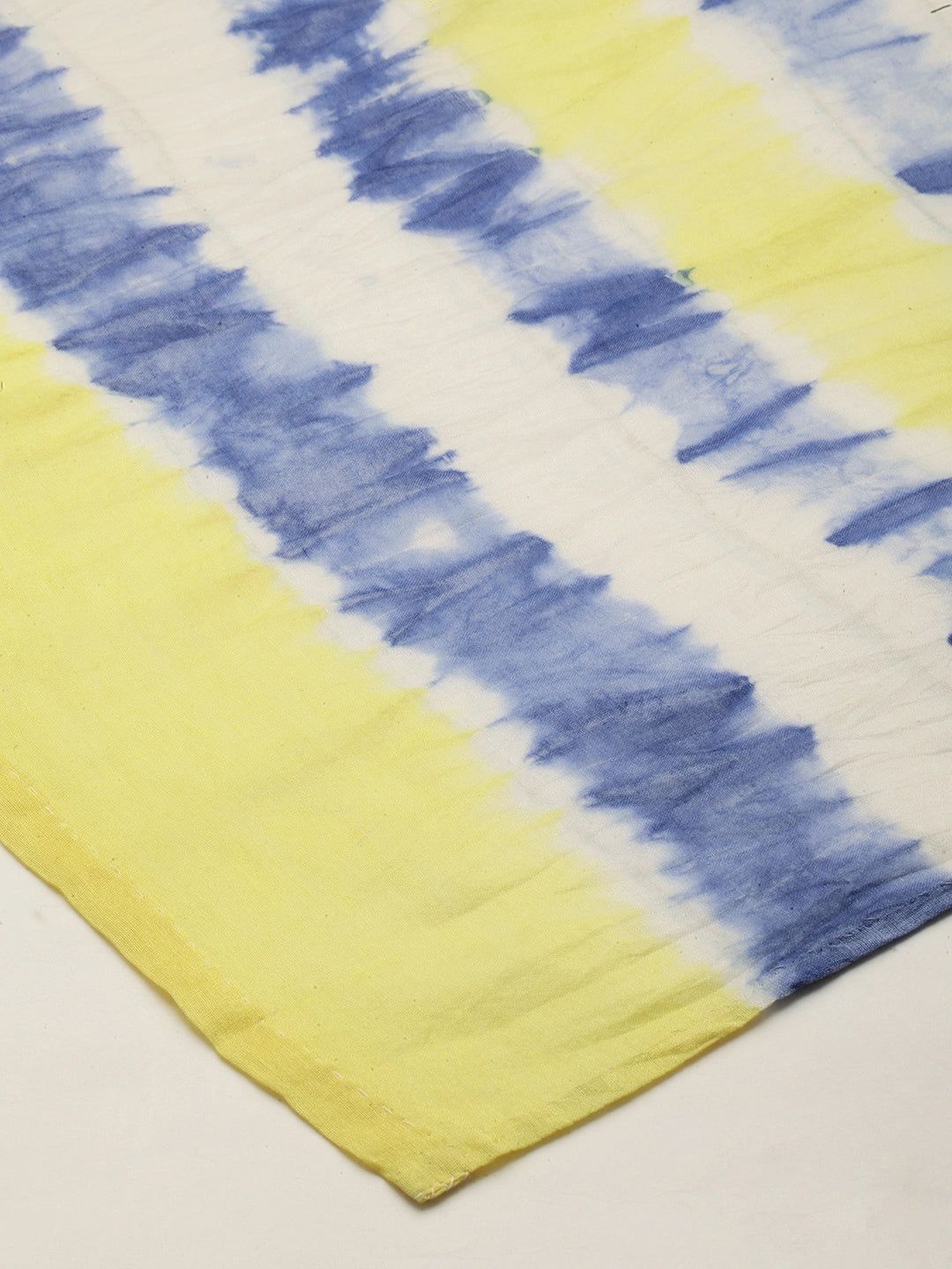 ASVA Handwoven Yellow Chanderi Silk Scarf with Blue Tie & Dye Motif