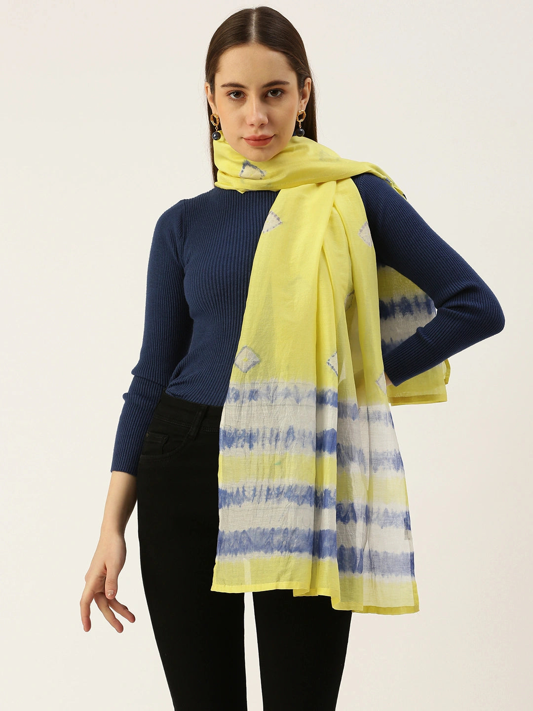 ASVA Handwoven Yellow Chanderi Silk Scarf with Blue Tie & Dye Motif