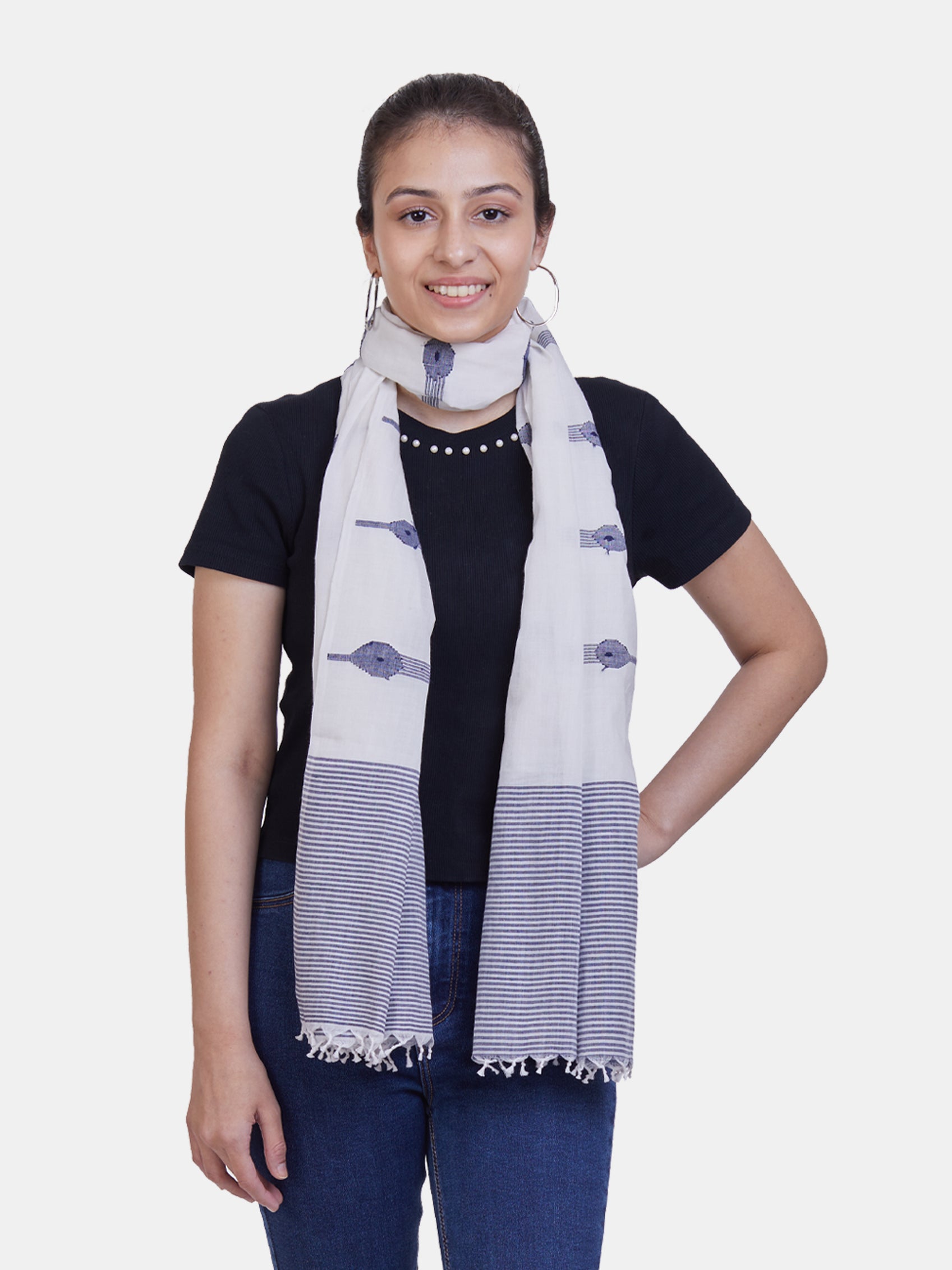 ASVA Handwoven cotton scarf in white with blue stripes and woven design