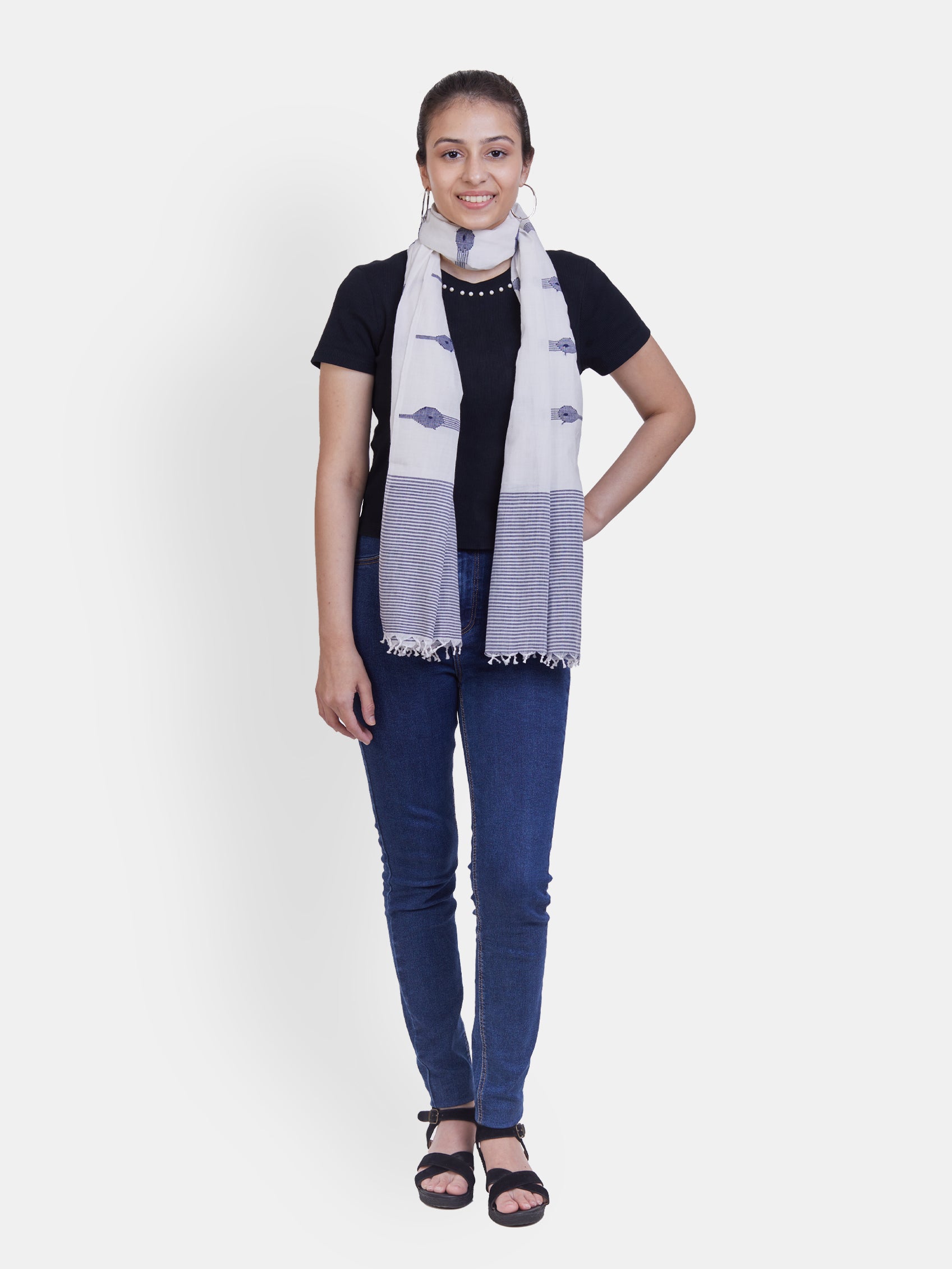 ASVA Handwoven cotton scarf in white with blue stripes and woven design
