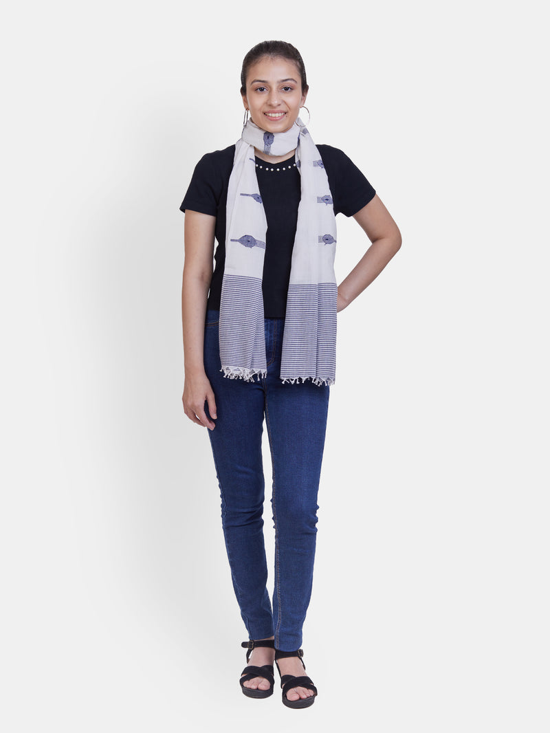 Handwoven White Cotton Scarf with Jamdani Weave