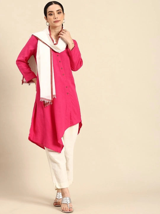 Handwoven off-white cotton scarf with Red border & selvedge