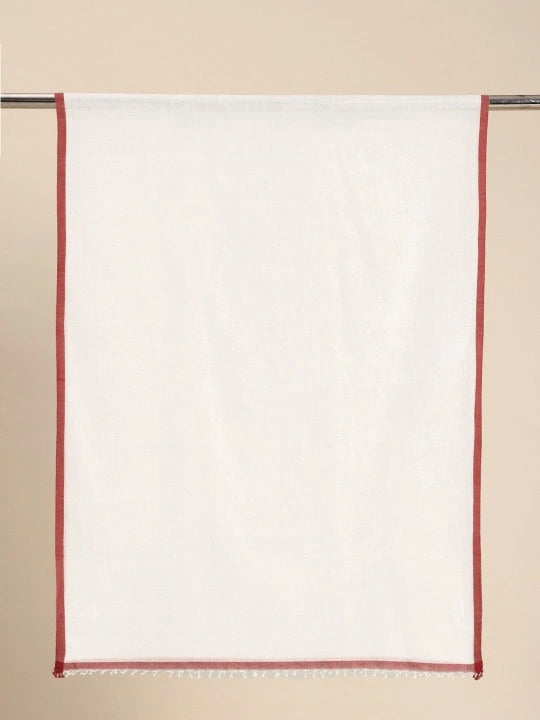 Handwoven off-white cotton scarf with Red border & selvedge