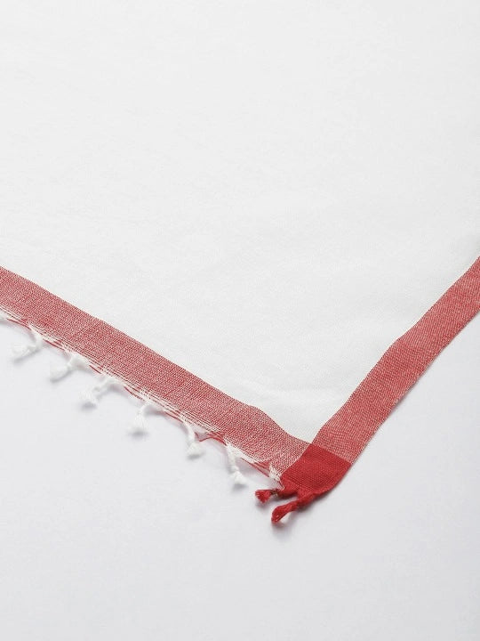 Handwoven off-white cotton scarf with Red border & selvedge
