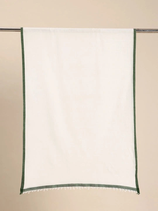 Handwoven off-white cotton scarf with green border & selvedge
