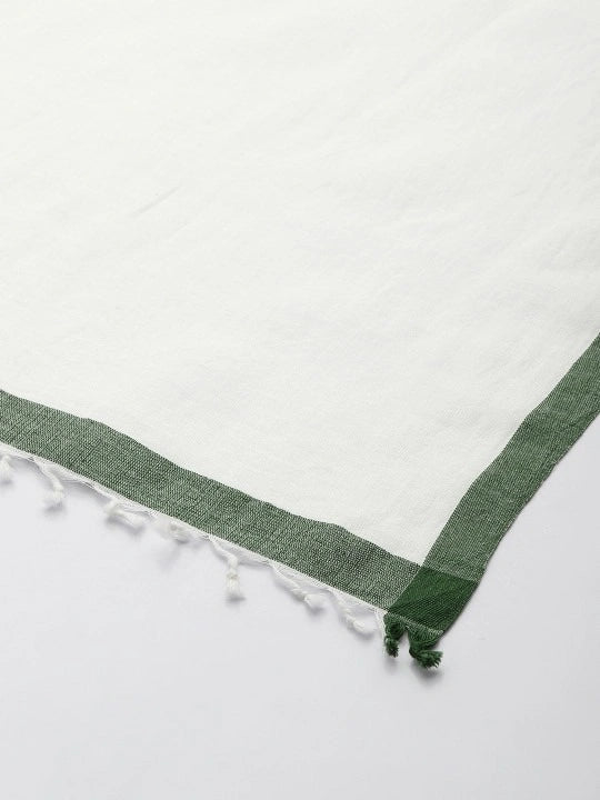 Handwoven off-white cotton scarf with green border & selvedge
