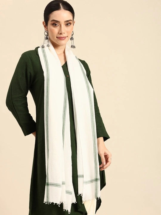 Handwoven off-white cotton scarf with green stripe on both sides and border