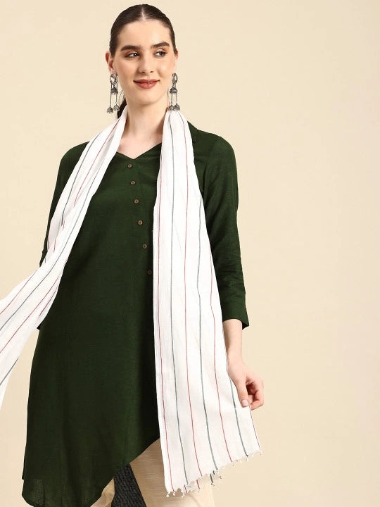 Handwoven off-white cotton scarf with red & green stripes allover