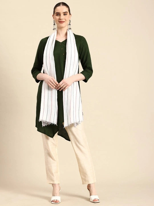 Handwoven off-white cotton scarf with red & green stripes allover