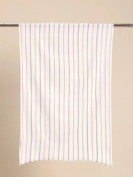 Handwoven off-white cotton scarf with red & green stripes allover