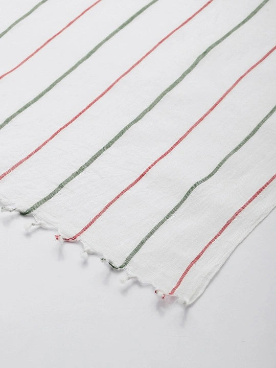 Handwoven off-white cotton scarf with red & green stripes allover