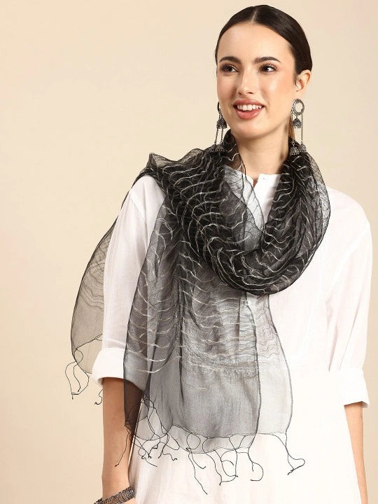 Handwoven three layered Black Organza Silk Scarf with Gold Zari Work 