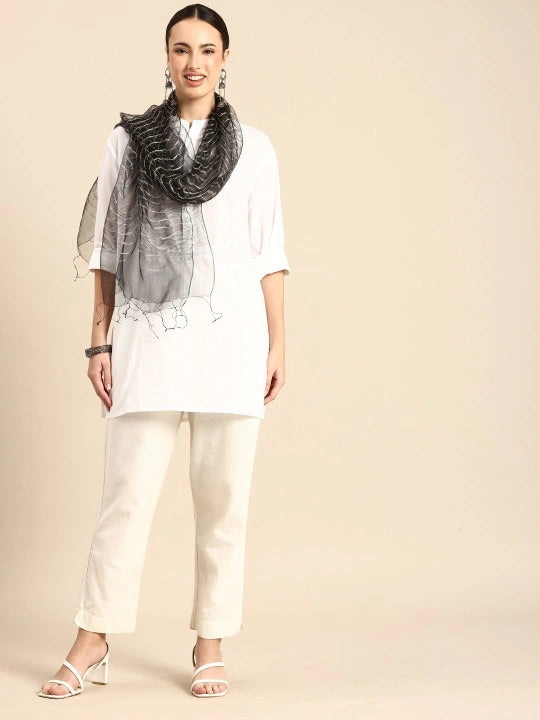 Handwoven three layered Black Organza Silk Scarf with Gold Zari Work 