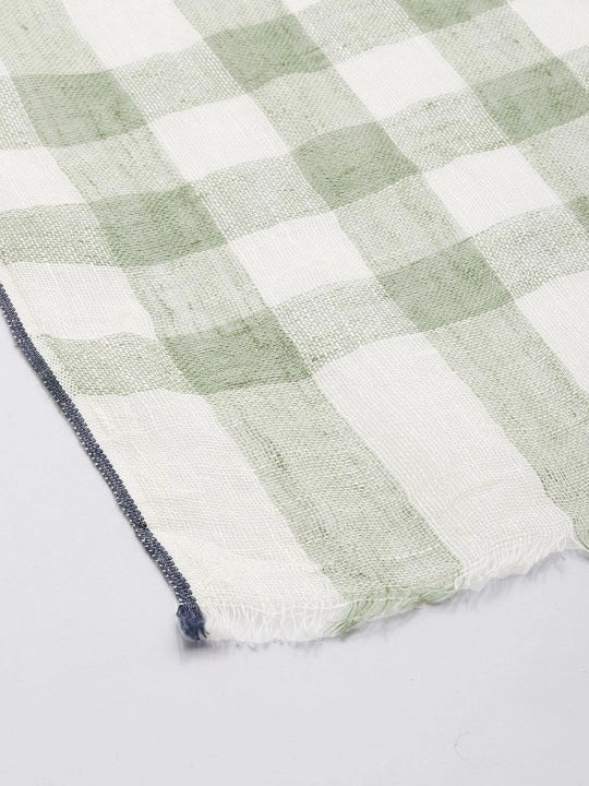 Linen Scarf with Green stripes and Blue selvedge