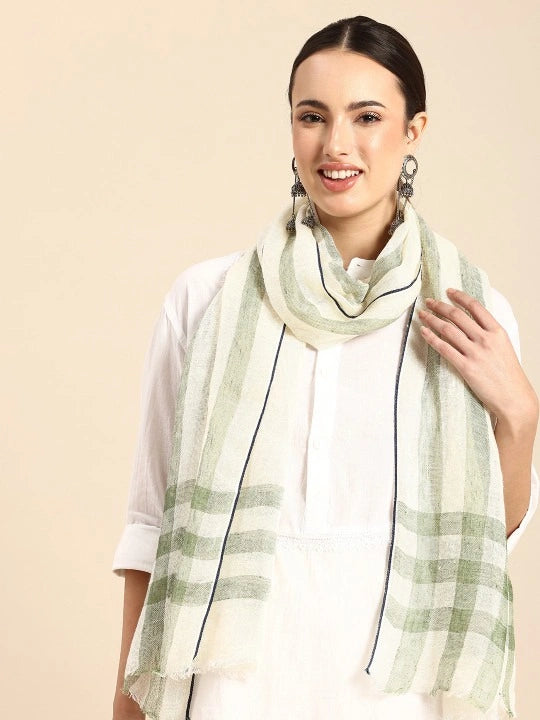 Linen Scarf with Green stripes and Blue selvedge