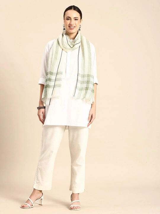 Linen Scarf with Green stripes and Blue selvedge